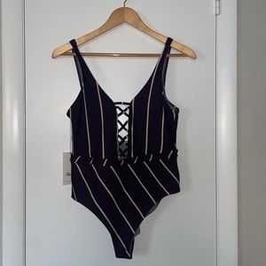 Maaji Women's One Piece High Cut Plunge Swimsuit Purple Medium Striped N…